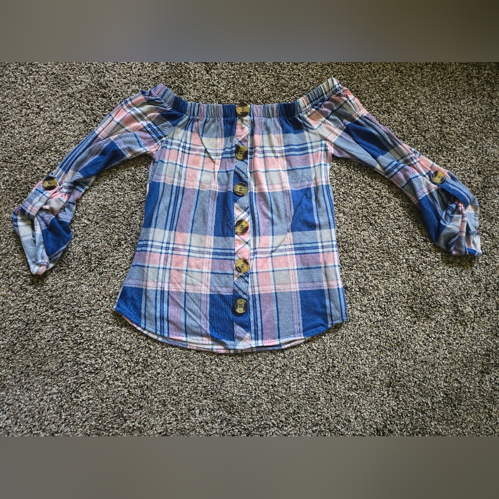 Stella Tweed Off the Shoulder Button Accent Top